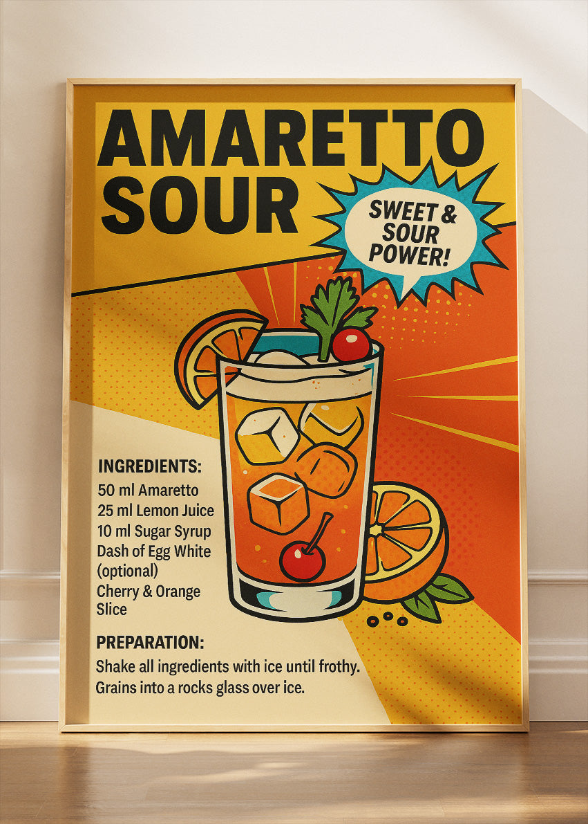 Amaretto Sour Pop Art Recipe Poster & Canvas Print | Retro Cocktail Wall Art