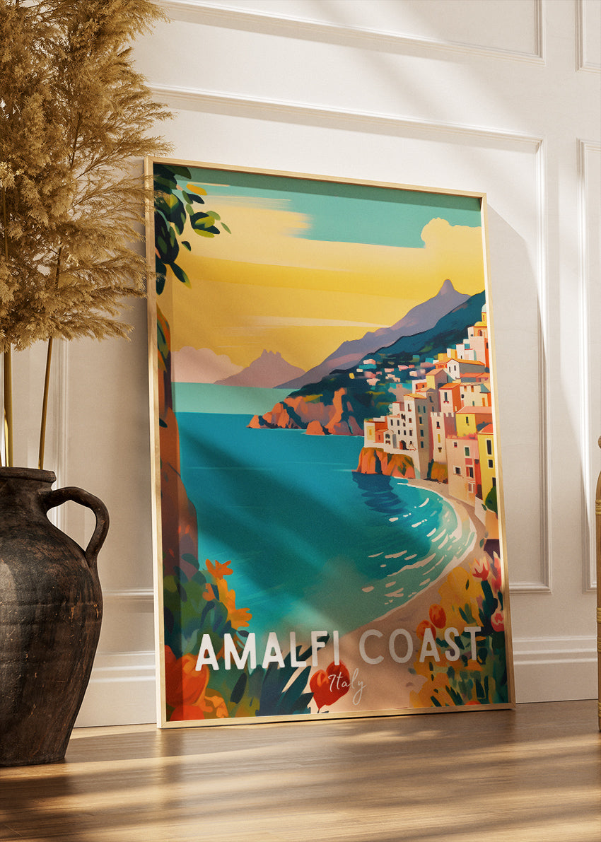 Amalfi Coast Italy Poster & Canvas Print – Illustrated Mediterranean Coastal Art