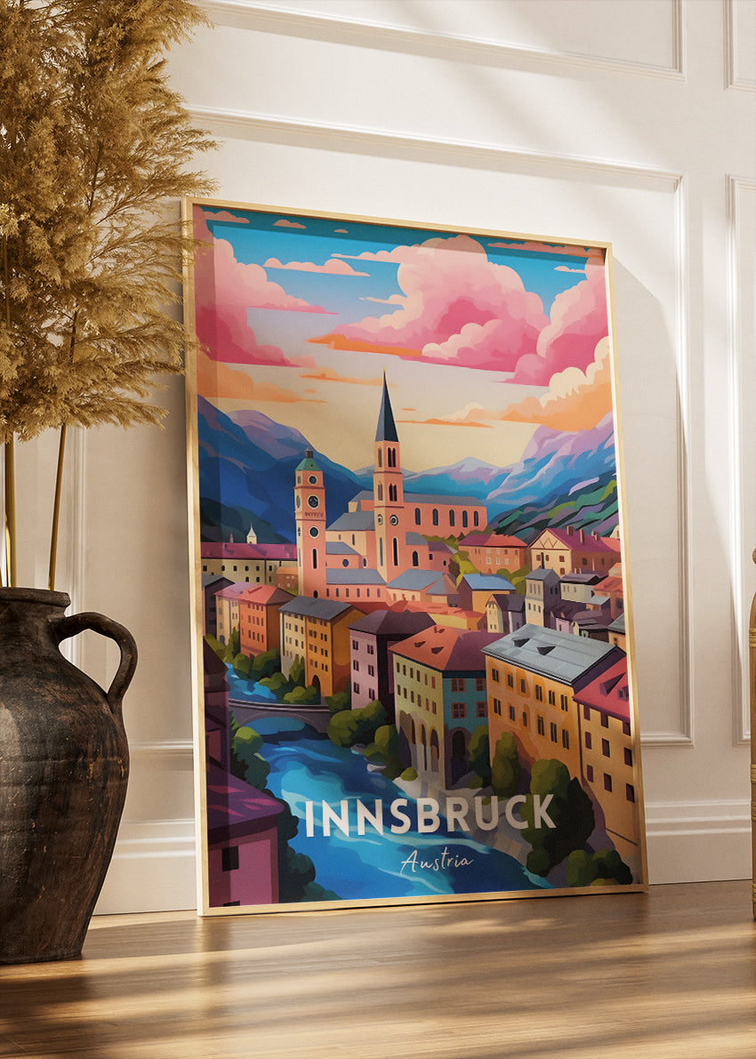 Innsbruck Austria Travel Poster & Canvas Wall Art – Colourful Alpine City Illustration