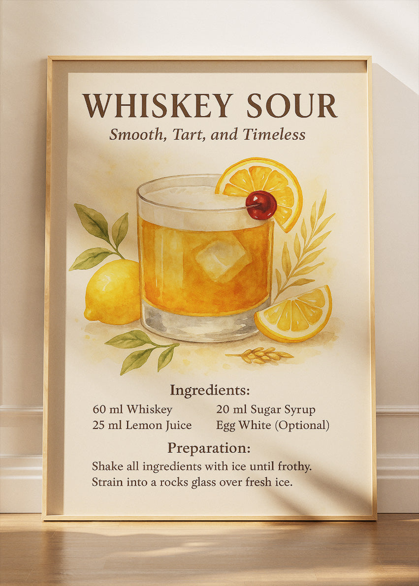 Whiskey Sour Watercolor Cocktail Poster & Canvas Print | Classic Recipe Bar Wall Art