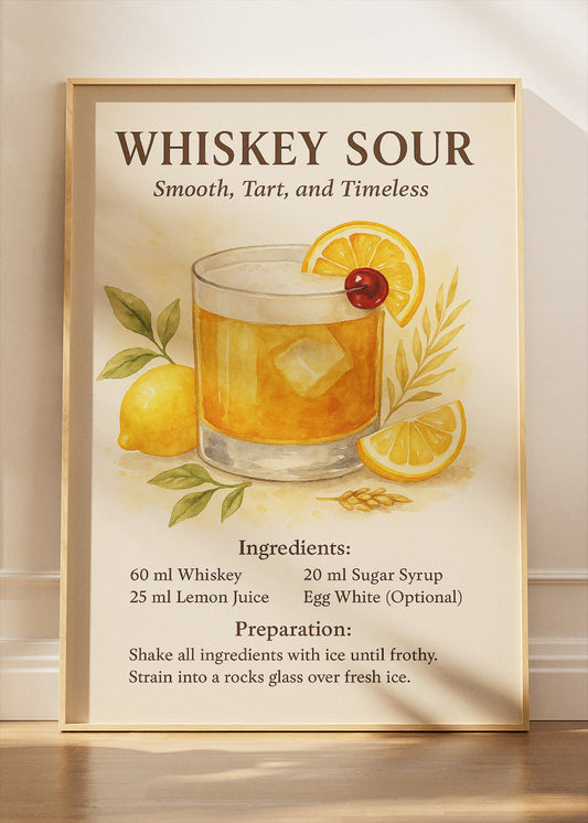 Whiskey Sour Watercolor Cocktail Poster & Canvas Print | Classic Recipe Bar Wall Art