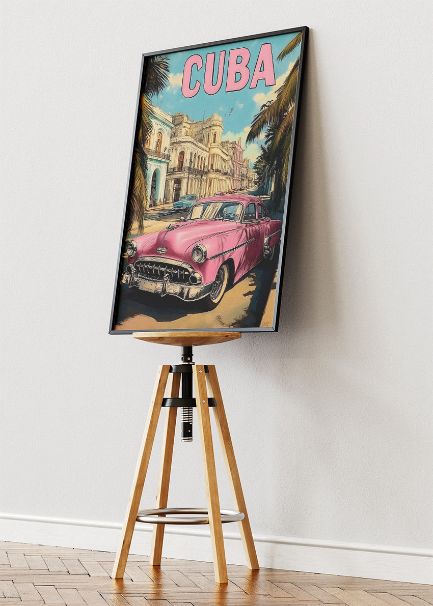 Cuba Havana Pink Classic Car Poster & Canvas Print – Vintage Retro Street Art