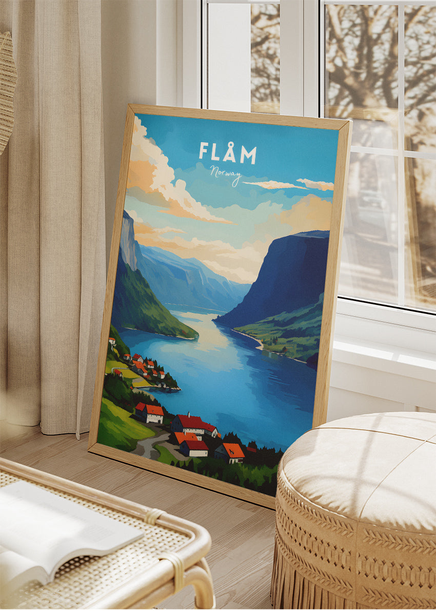 Flåm Norway Poster & Canvas Print – Modern Illustrated Nordic Fjord Landscape Art