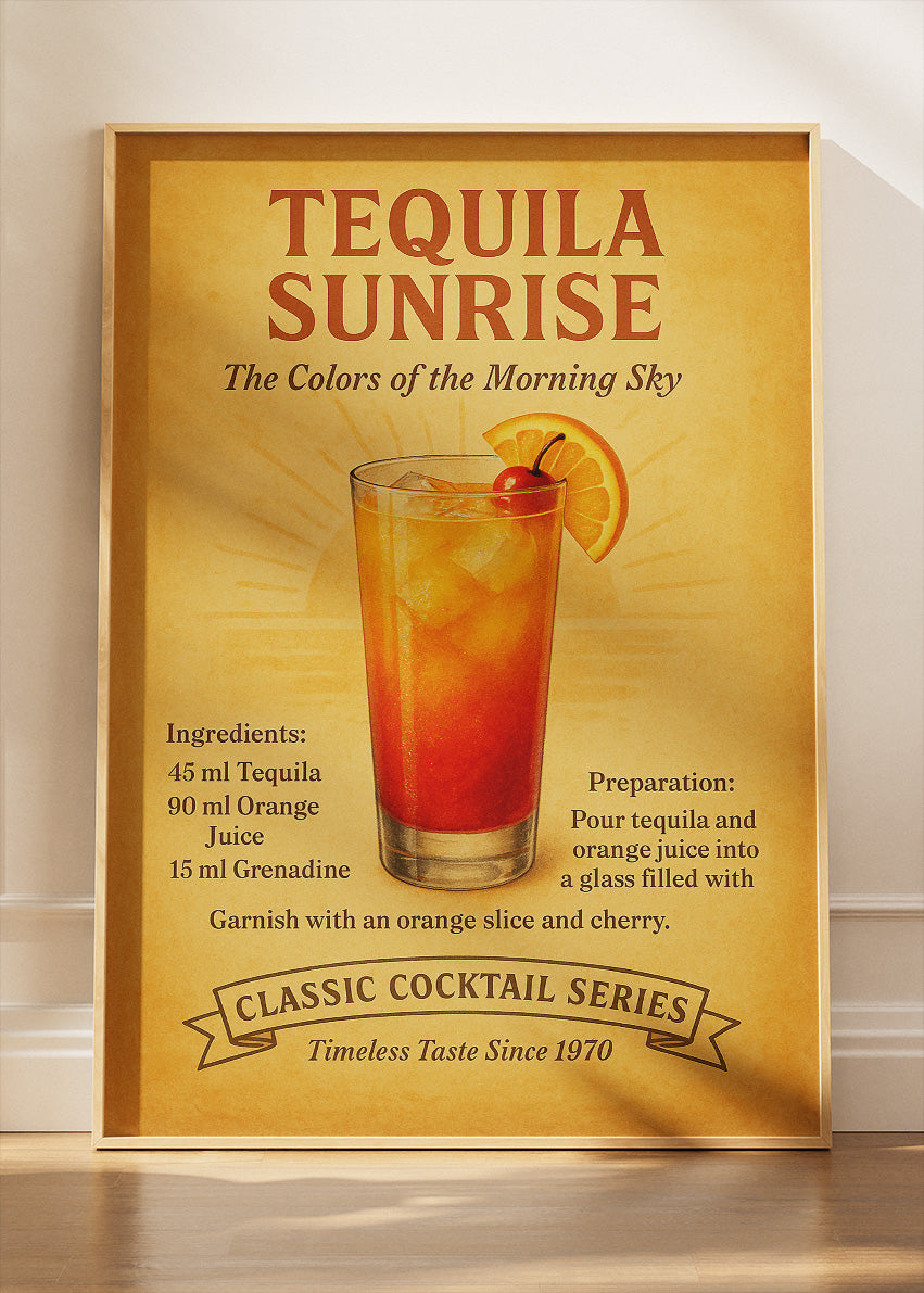 Tequila Sunrise Classic Cocktail Poster & Canvas Print | Vintage Bar Wall Art