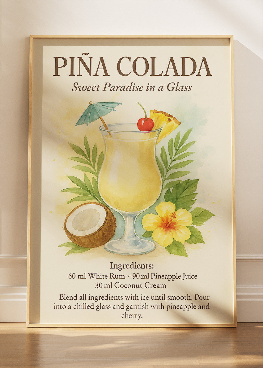 Piña Colada Watercolor Cocktail Poster & Canvas Print | Tropical Botanical Bar Wall Art