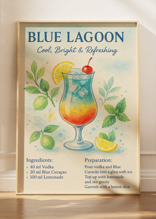 Blue Lagoon Watercolor Cocktail Poster & Canvas Print | Cool & Refreshing Bar Wall Art