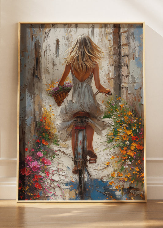 Romantic Bicycle Woman Wall Art – Floral Street Canvas Print & Vintage Style Poster for Living Room Decor UK