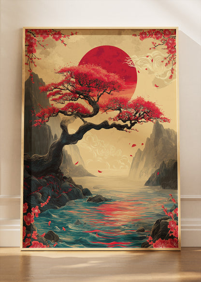 Crimson Sunset Bonsai Wall Art – Japanese Inspired Red Sun Canvas Print | Dramatic Oriental Landscape Poster