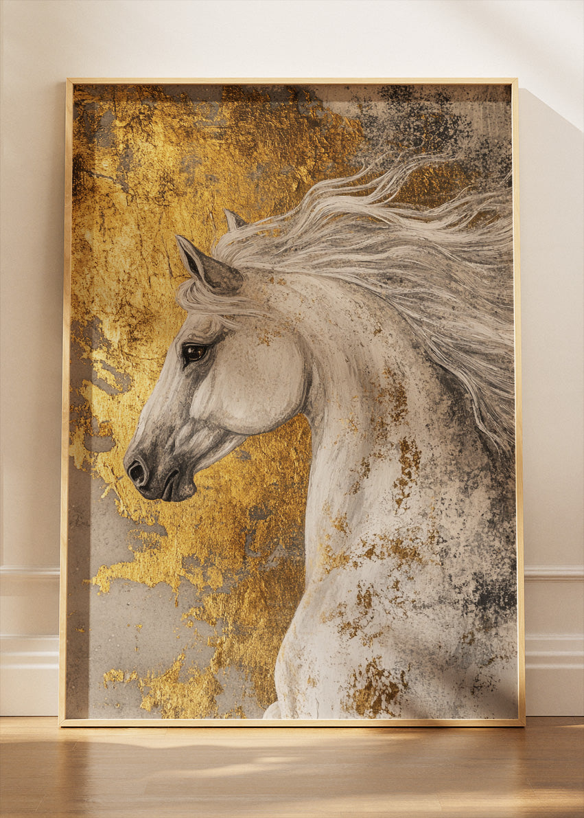 Golden Abstract Horse Art Poster & Canvas Print – Elegant Luxury Wall Decor