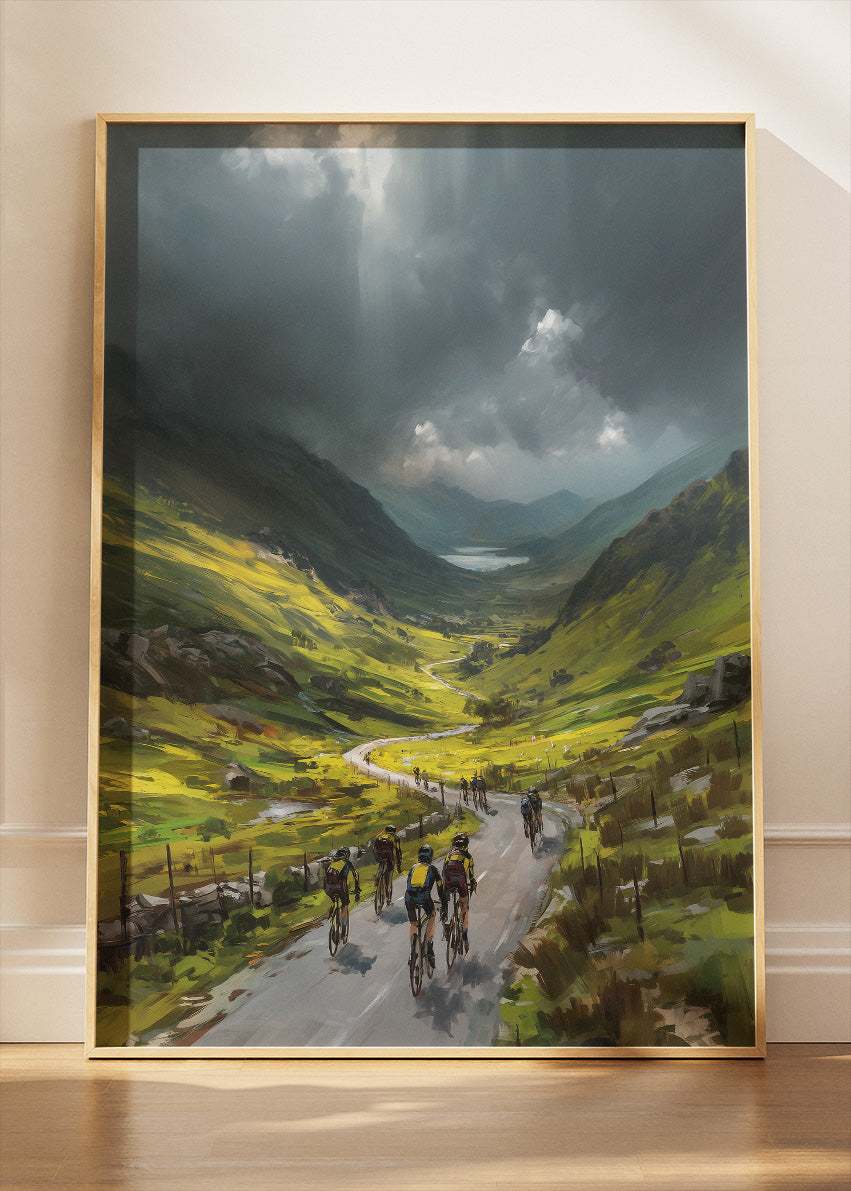 Mountain Valley Cycling Poster & Canvas Art Print – Peloton Riding Through Dramatic Green Highlands