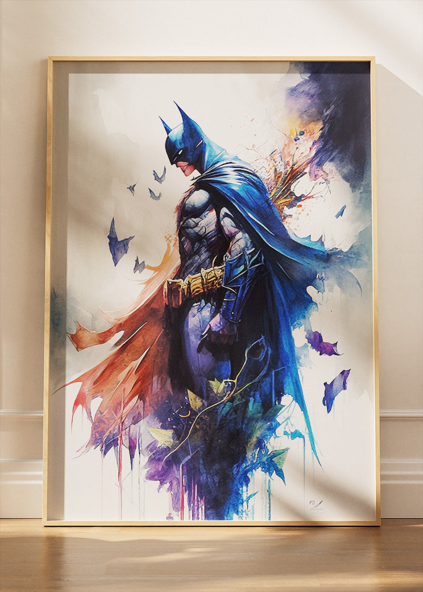 Batman – Watercolor Hero Full Body Canvas & Poster Print – AI PRINT LAB