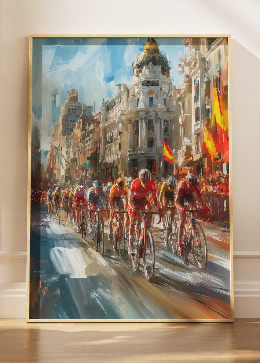 City Street Cycling Poster & Canvas Art Print – Peloton Racing Through Historic European Boulevard
