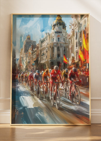 City Street Cycling Poster & Canvas Art Print – Peloton Racing Through Historic European Boulevard