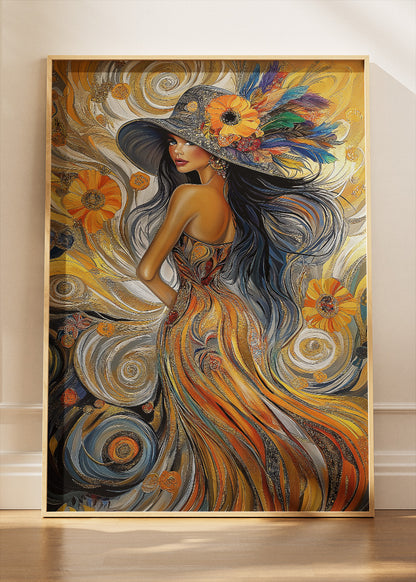 Bohemian Woman Wall Art Print – Golden Abstract Portrait Canvas & Modern Statement Poster for Living Room Decor UK