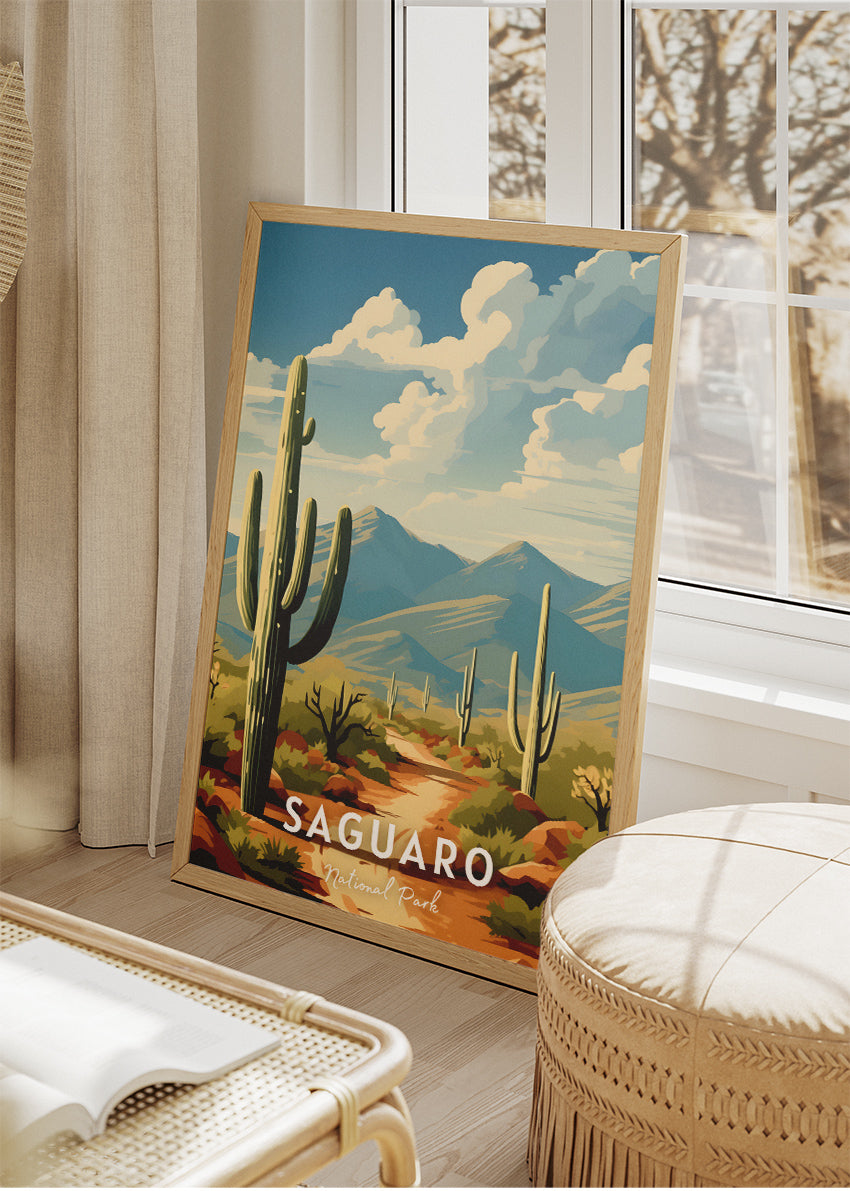 Saguaro National Park Poster & Canvas Print – Illustrated Desert Cactus Landscape Wall Art