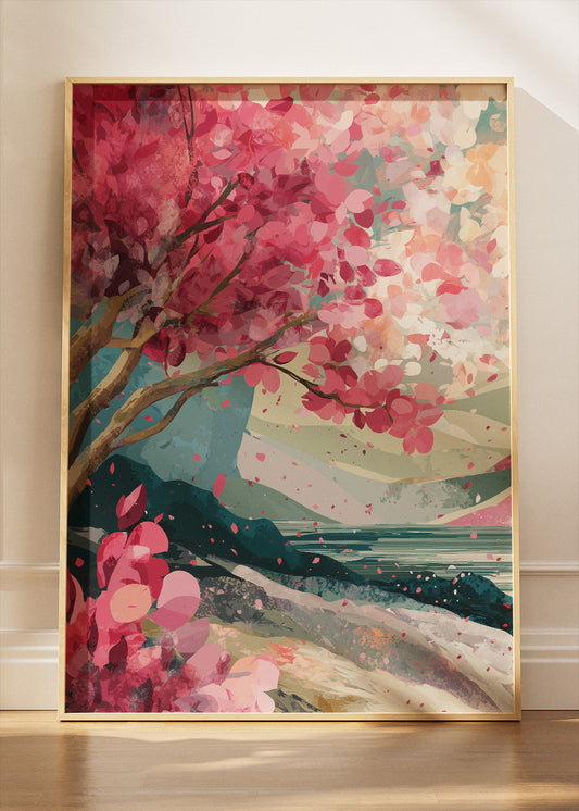 Vibrant Cherry Blossom Coast Wall Art – Pink Floral Landscape Canvas Print | Modern Japandi Poster