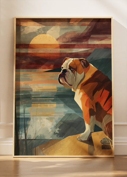 Retro Sunset Bulldog Poster & Canvas Print – Vintage Geometric Dog Wall Art