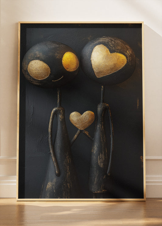 Modern Abstract Couple Wall Art – Black and Gold Love Heart Canvas Print & Contemporary Romantic Poster for Bedroom Decor UK