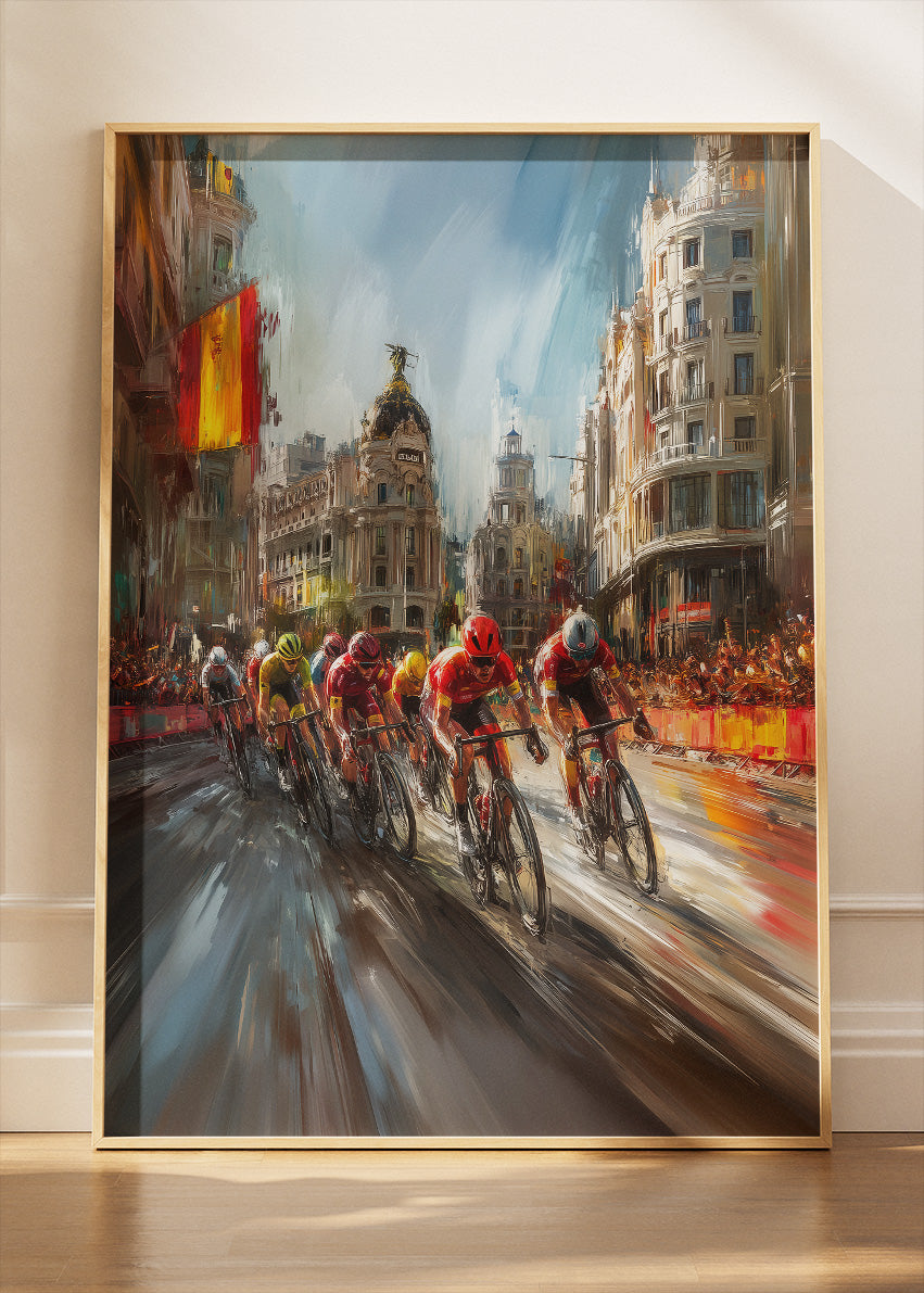 City Peloton Cycling Poster & Canvas Art Print – High-Speed Road Race Through Historic European City