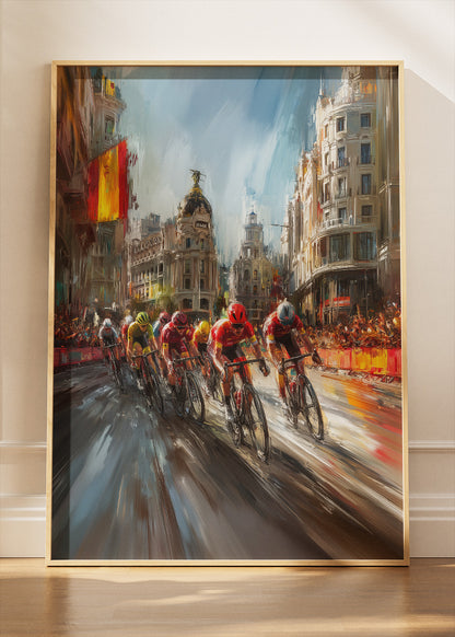 City Peloton Cycling Poster & Canvas Art Print – High-Speed Road Race Through Historic European City