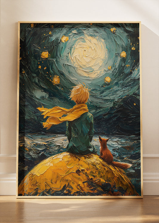 Starry Night Inspired Boy and Fox Wall Art – Dreamy Moon Sky Canvas Print & Fantasy Illustration Poster for Living Room Decor UK