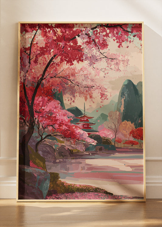 Japanese Cherry Blossom Temple Landscape Canvas & Poster Print – AI PRINT LAB