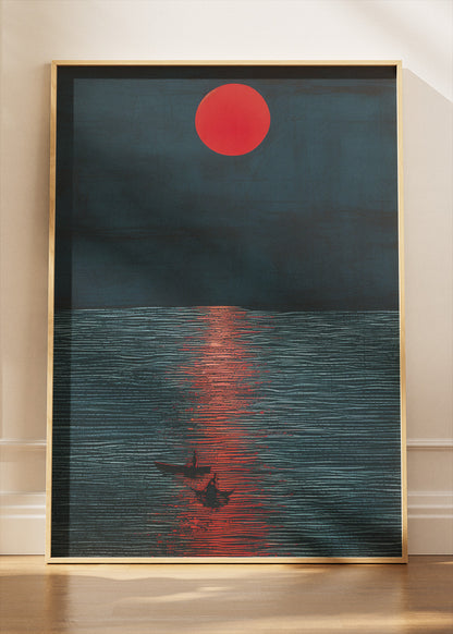 Crimson Moon Over Midnight Sea – Minimalist Sunset Canvas & Poster Print – AI PRINT LAB