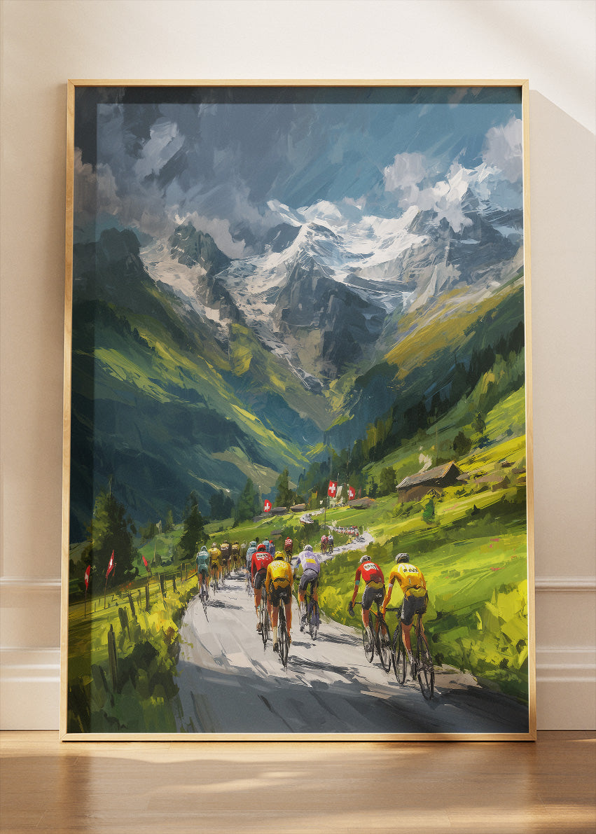 Alpine Valley Cycling Poster & Canvas Art Print – Mountain Peloton with Snow-Capped Peaks