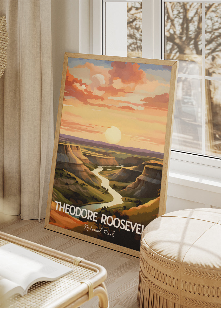 Theodore Roosevelt National Park Poster & Canvas Print – Illustrated Badlands Sunset Wall Art