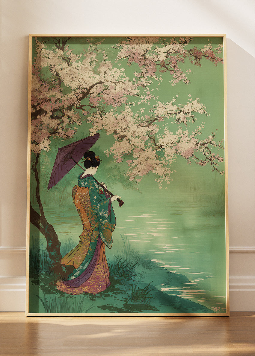 Japanese Geisha Cherry Blossom Lake Canvas & Poster Print – AI PRINT LAB