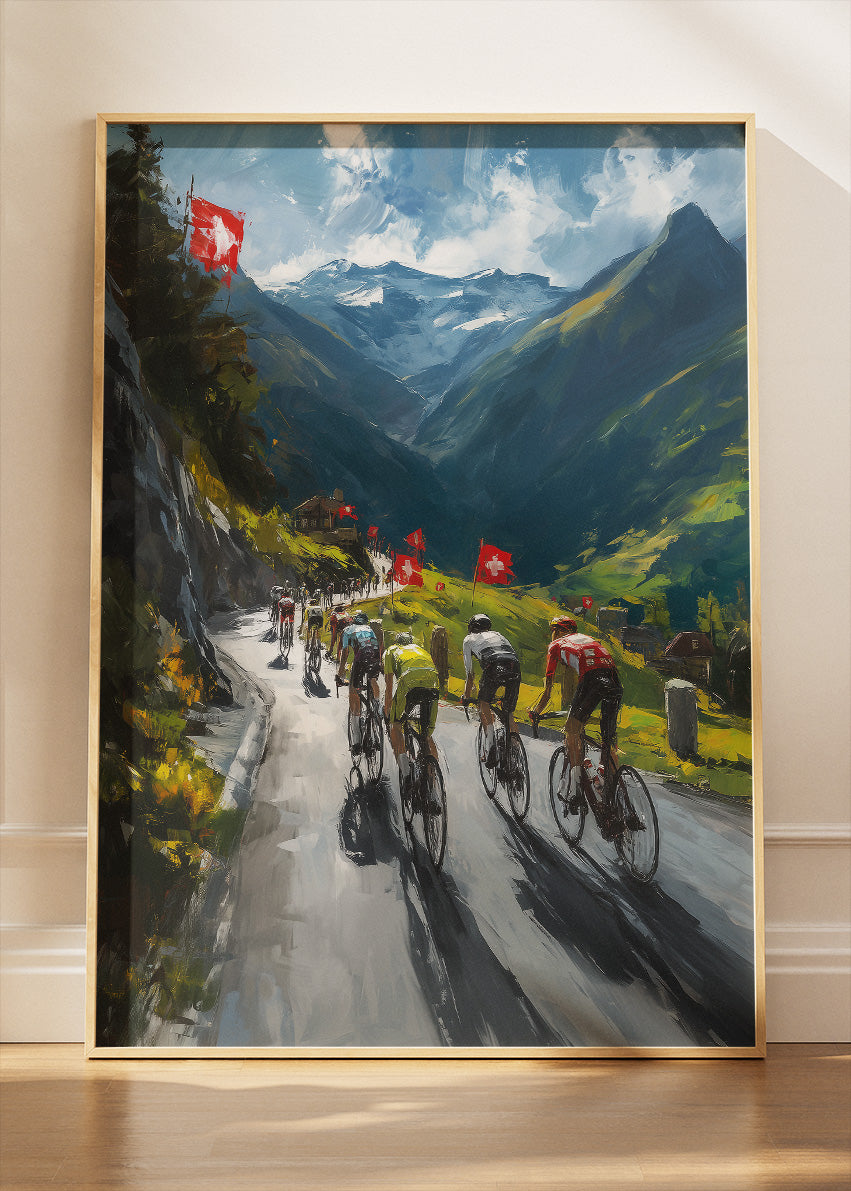 Swiss Mountain Cycling Poster & Canvas Art Print – Alpine Climb with Peloton