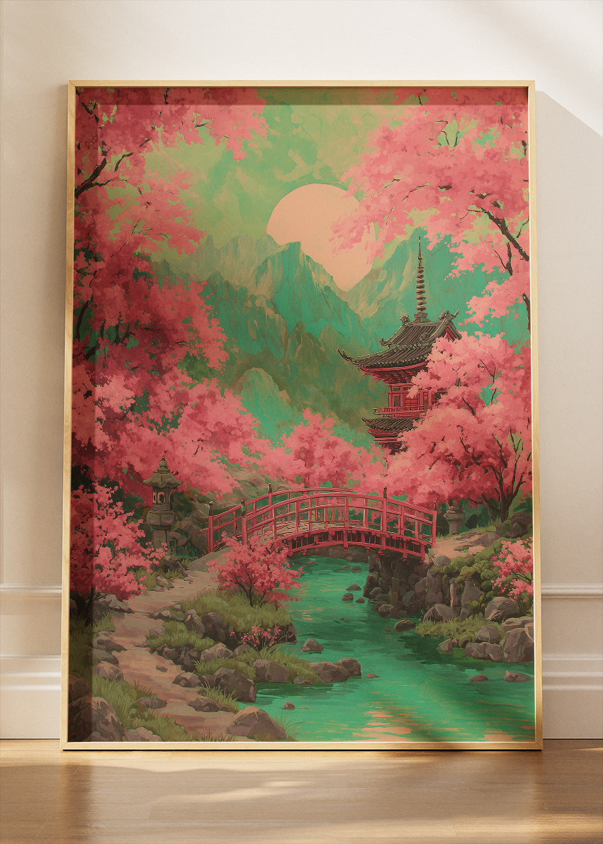 Japanese Cherry Blossom Bridge & Pagoda Landscape Canvas & Poster Print – AI PRINT LAB