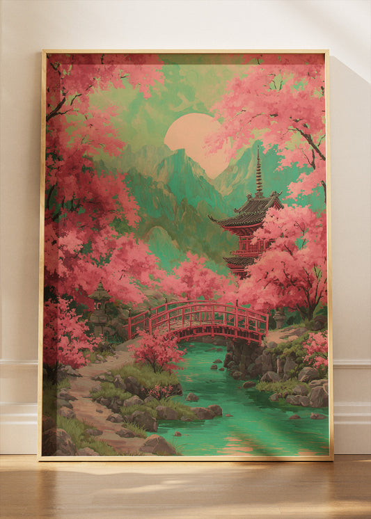 Japanese Cherry Blossom Bridge & Pagoda Landscape Canvas & Poster Print – AI PRINT LAB