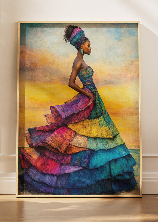 African Woman Colourful Dress Wall Art – Vibrant Cultural Portrait Canvas Print & Modern Statement Poster for Living Room Decor UK