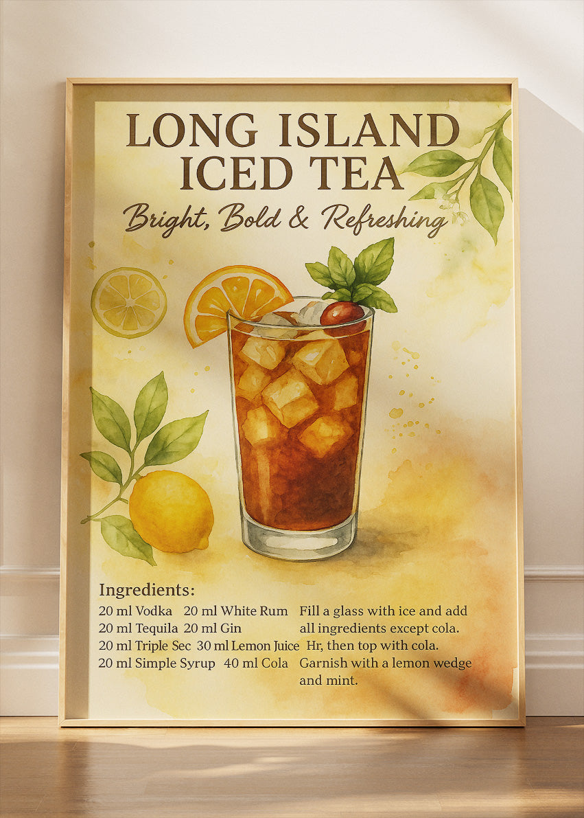 Long Island Iced Tea Watercolor Cocktail Poster & Canvas Print | Bright Bar Wall Art