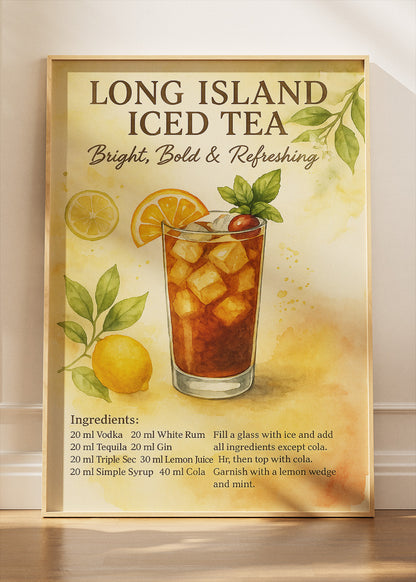 Long Island Iced Tea Watercolor Cocktail Poster & Canvas Print | Bright Bar Wall Art
