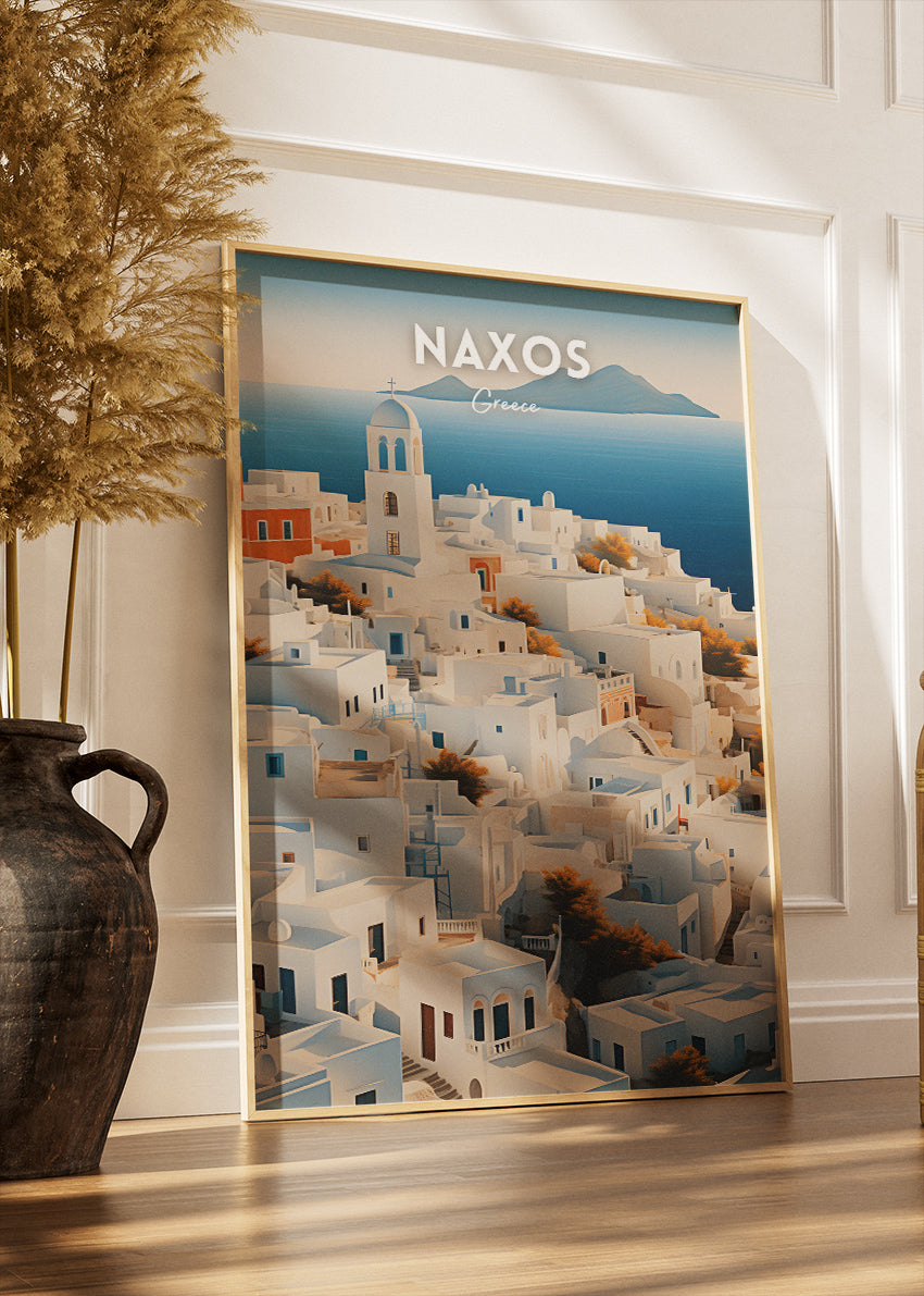 Naxos Greece Poster & Canvas Print – White Cycladic Houses & Aegean View Art