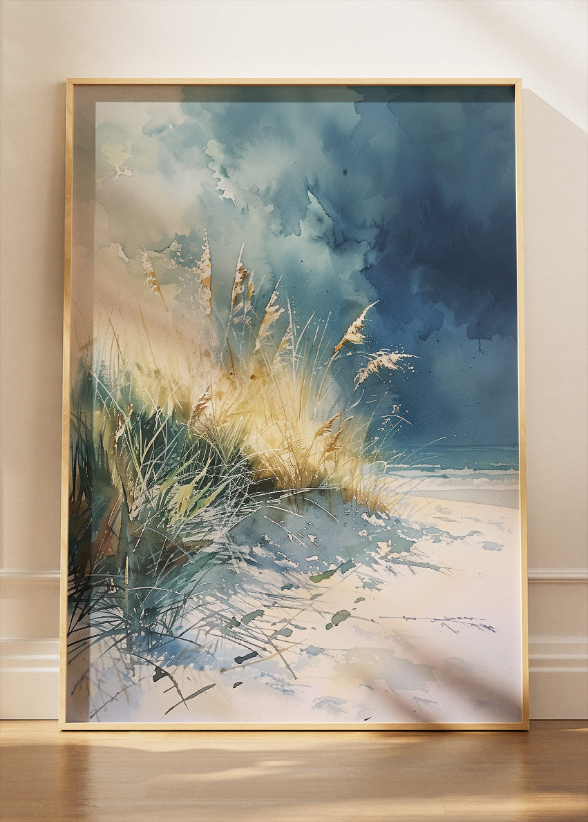 Coastal Dunes with Golden Grass – Soft Blue Seaside Watercolor Wall Art Poster & Canvas – AI PRINT LAB
