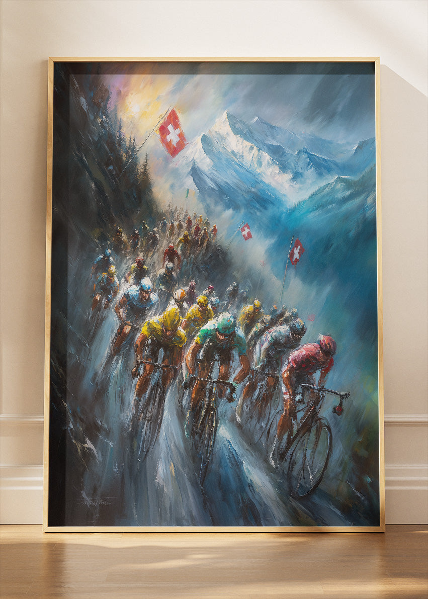 Epic Alpine Cycling Poster & Canvas Art Print – Peloton Climbing Swiss Mountain Pass