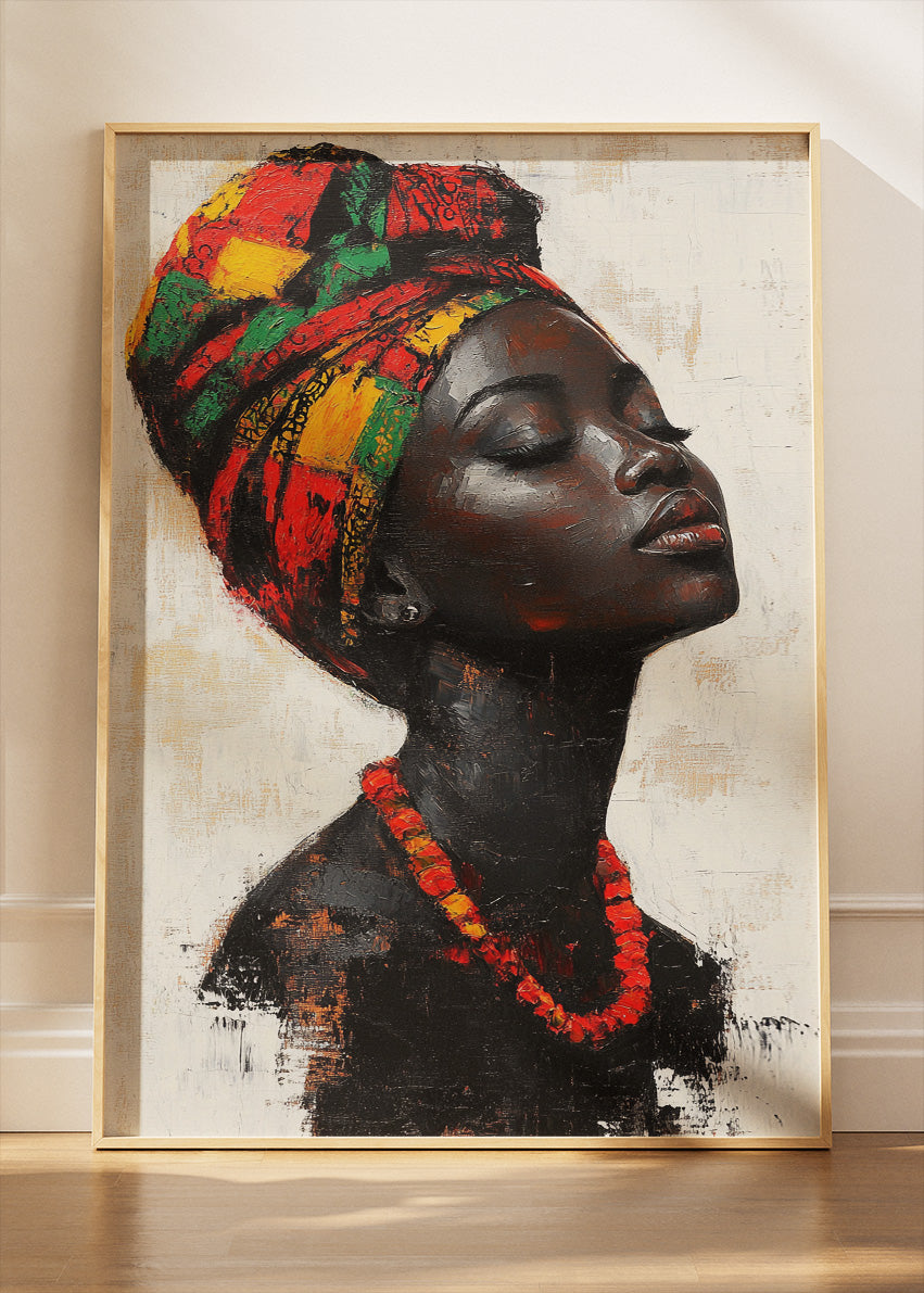African Headwrap Woman Wall Art – Colourful Cultural Portrait Canvas Print & Modern Statement Poster for Living Room Decor UK