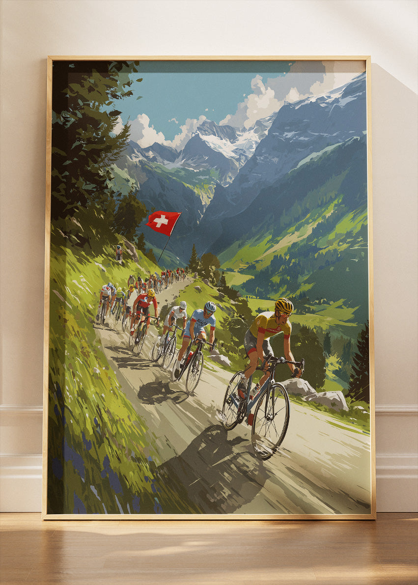 Swiss Alpine Cycling Poster & Canvas Art Print – Peloton Climbing Mountain Road