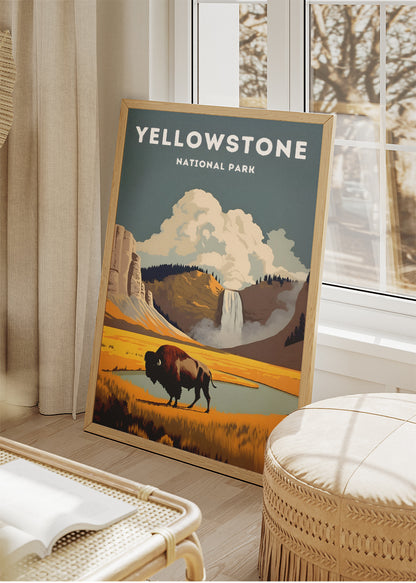 Yellowstone National Park Poster & Canvas Print – Illustrated Bison Landscape Wall Art