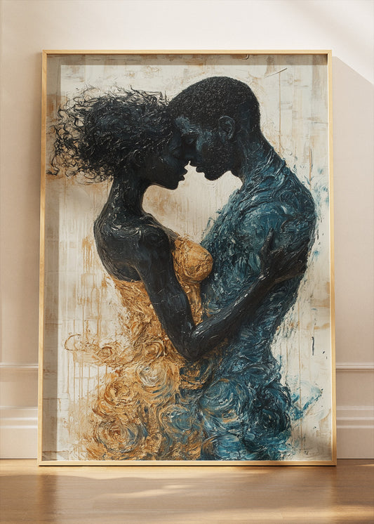Romantic Abstract Couple Wall Art – Black and Gold Embrace Canvas Print & Modern Love Statement Poster for Bedroom Decor UK