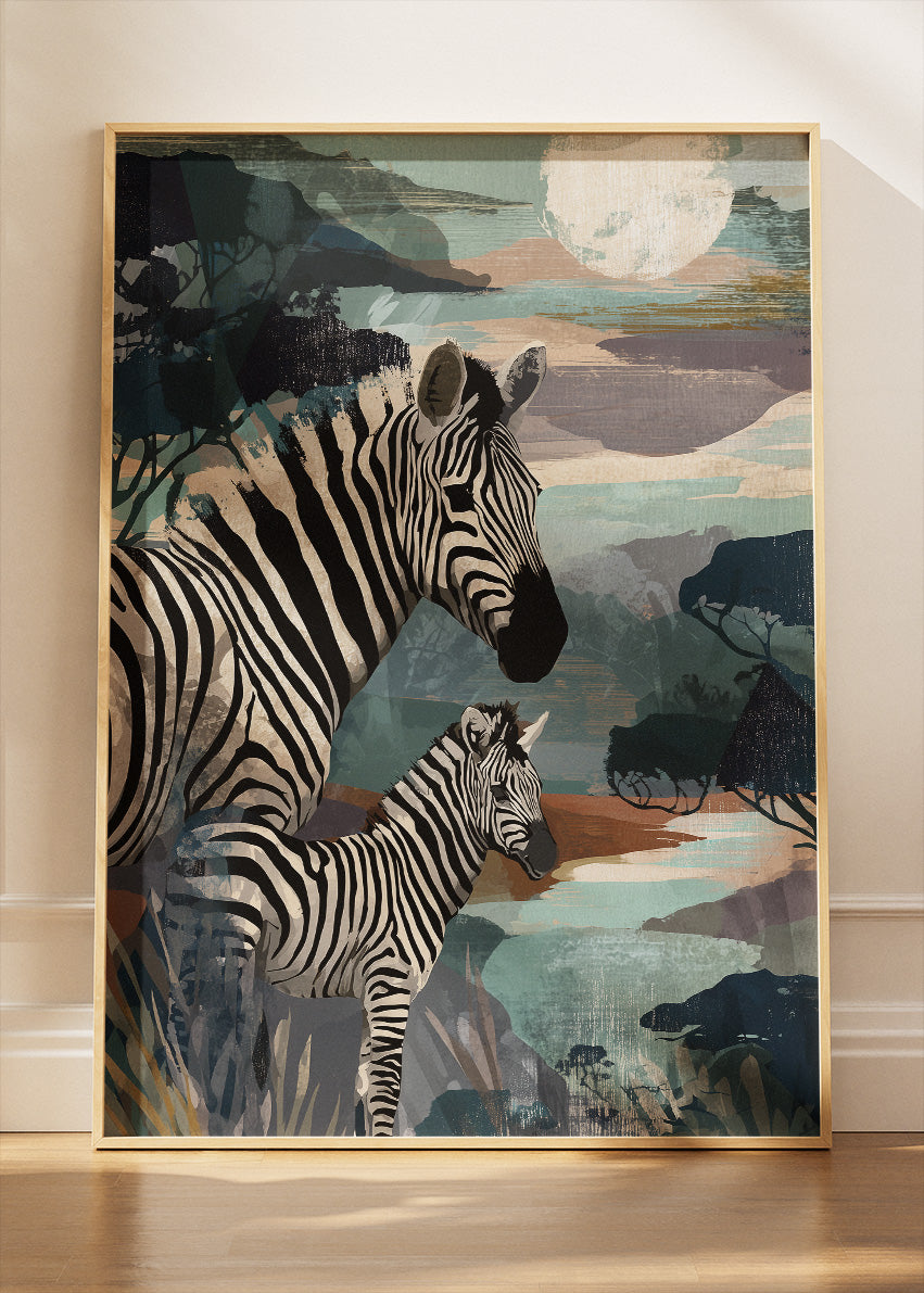 Zebra Family Poster & Canvas Print – Modern Safari Wildlife Art