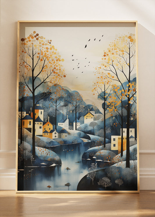 Autumn Riverside Village – Scandinavian Landscape Canvas & Poster Print – AI PRINT LAB