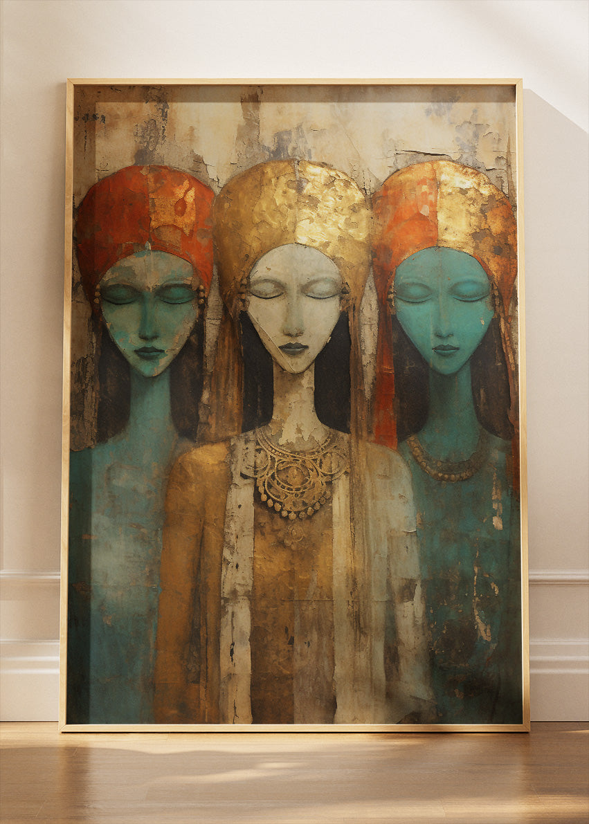 Abstract Tribal Women Wall Art – Bohemian Gold Portrait Canvas Print & Modern Ethnic Statement Poster for Living Room Decor UK