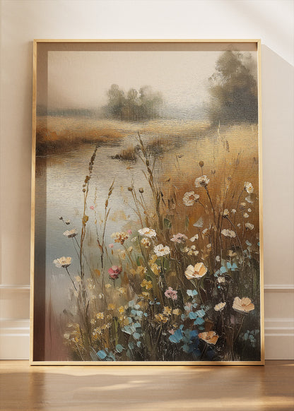 Golden Meadow River – Rustic Countryside Landscape Canvas & Poster Print – AI PRINT LAB