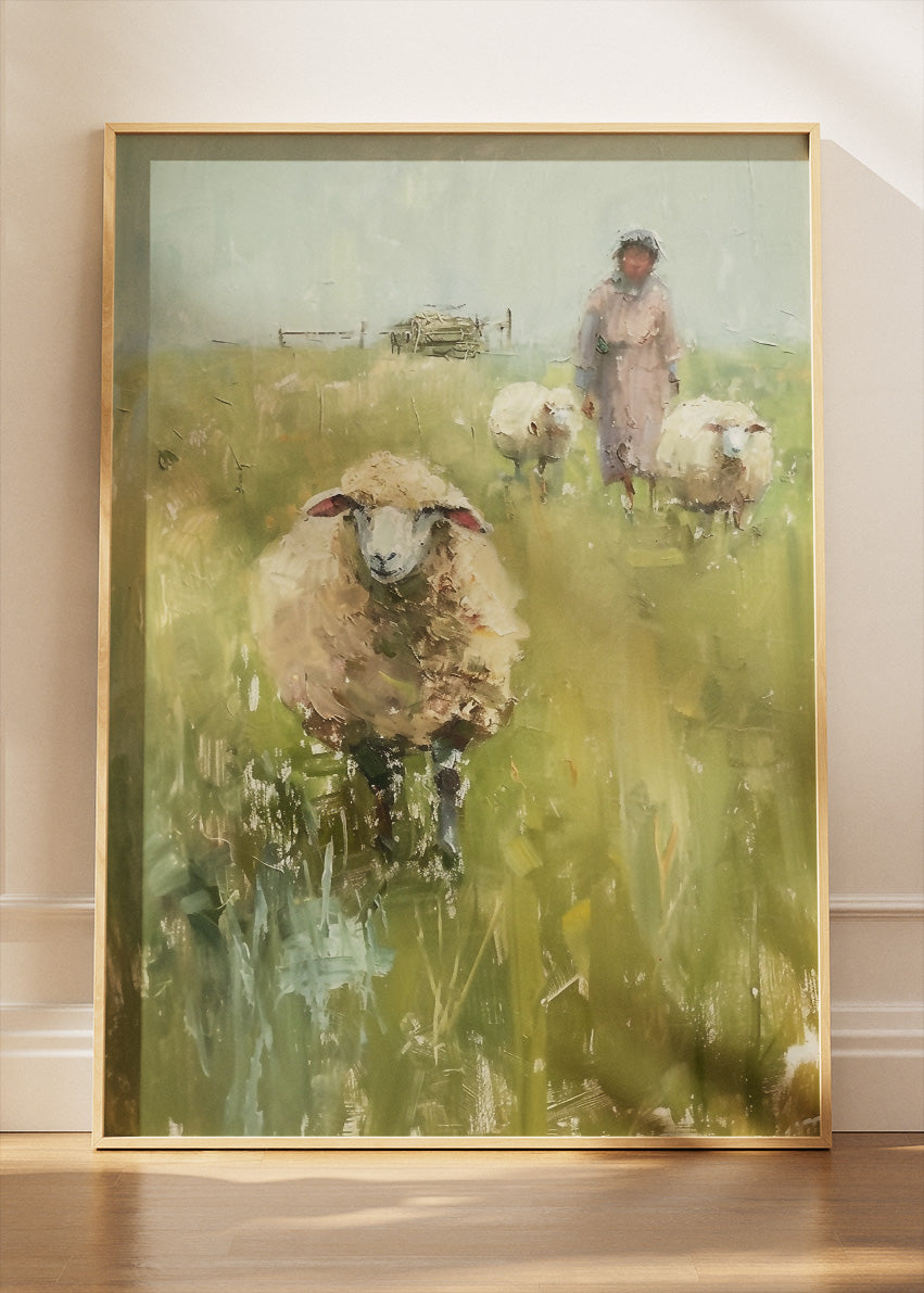 Sheep in Meadow Poster & Canvas Print – Pastel Countryside Art