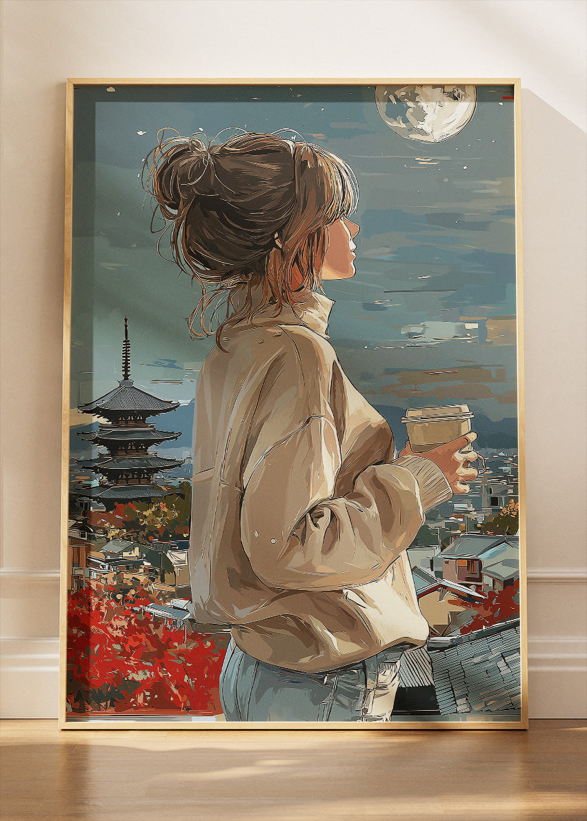 Japanese City Night Wall Art – Woman with Coffee Moonlit Landscape Canvas Print & Modern Travel Poster for Living Room Decor UK