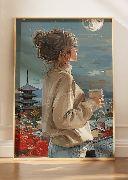 Japanese City Night Wall Art – Woman with Coffee Moonlit Landscape Canvas Print & Modern Travel Poster for Living Room Decor UK